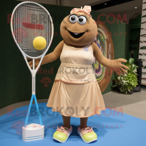 Tan Tennis Racket mascot costume character dressed with a A-Line Skirt and Necklaces