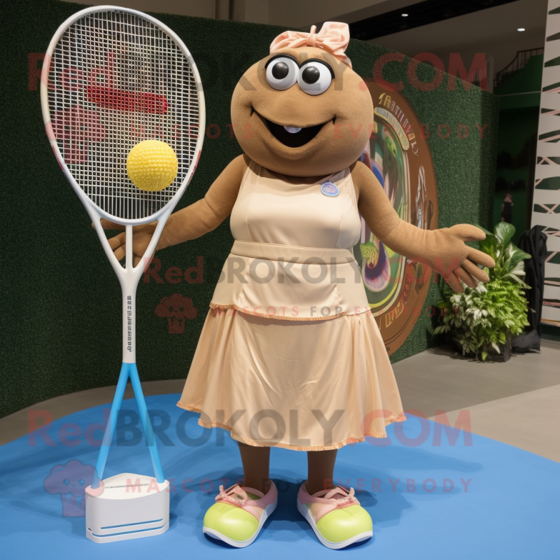 Tan Tennis Racket mascot costume character dressed with a A-Line Skirt and Necklaces Tan Tennis Racket mascot costume character dressed with a A-Line Skirt and Necklaces