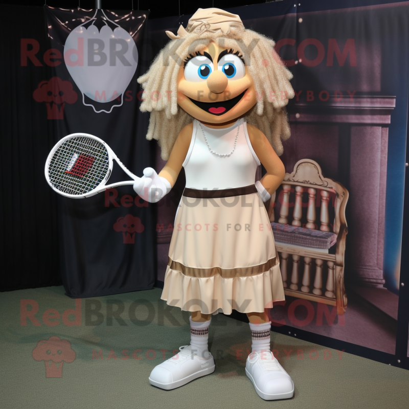 Tan Tennis Racket mascot costume character dressed with a A-Line Skirt and Necklaces Tan Tennis Racket mascot costume character dressed with a A-Line Skirt and Necklaces