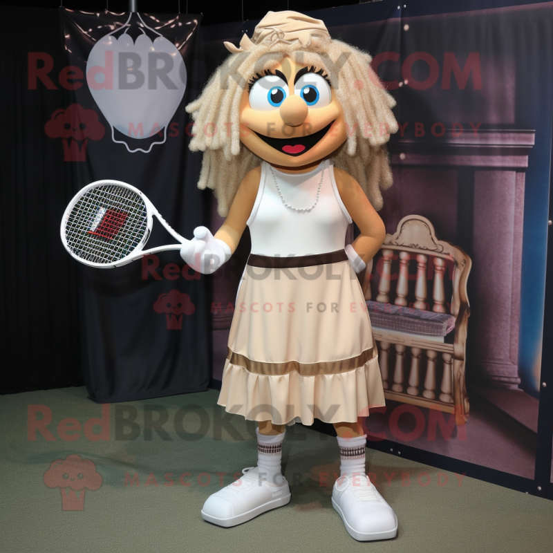 Tan Tennis Racket mascot costume character dressed with a A-Line Skirt and Necklaces