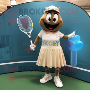 Tan Tennis Racket mascot costume character dressed with a A-Line Skirt and Necklaces
