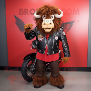 Red Bison mascot costume character dressed with a Biker Jacket and Hair clips