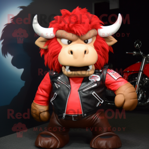 Red Bison mascot costume character dressed with a Biker Jacket and Hair clips