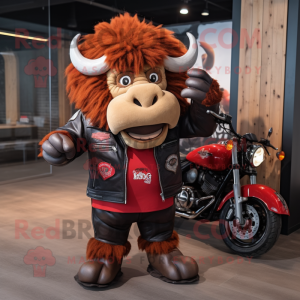 Red Bison mascot costume character dressed with a Biker Jacket and Hair clips