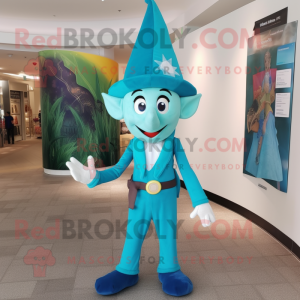 Turquoise Elf mascot costume character dressed with a Dress Pants and Hat pins