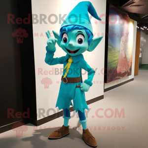 Turquoise Elf mascot costume character dressed with a Dress Pants and Hat pins