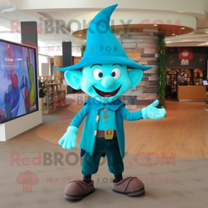 Turquoise Elf mascot costume character dressed with a Dress Pants and Hat pins