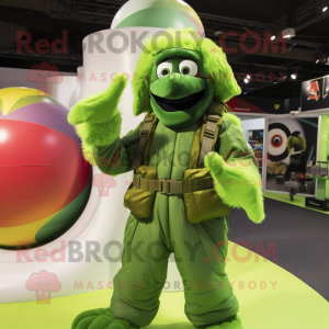 Green Special Air Service mascot costume character dressed with a Ball Gown and Mittens