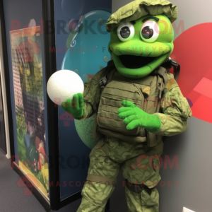 Green Special Air Service mascot costume character dressed with a Ball Gown and Mittens