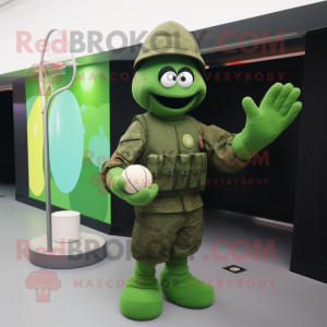 Green Special Air Service mascot costume character dressed with a Ball Gown and Mittens