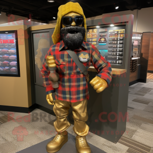 Gold Gi Joe mascot costume character dressed with a Flannel Shirt and Coin purses