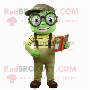 Olive Candy mascot costume character dressed with a Dungarees and Reading glasses