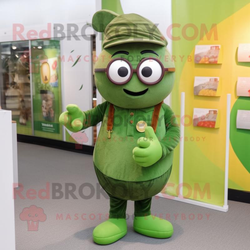 Olive Candy mascot costume character dressed with a Dungarees and Reading glasses Olive Candy mascot costume character dressed with a Dungarees and Reading glasses