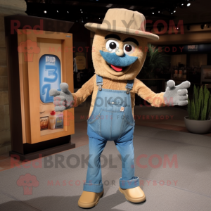 Tan Aglet mascot costume character dressed with a Denim Shirt and Clutch bags