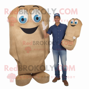 Tan Aglet mascot costume character dressed with a Denim Shirt and Clutch bags