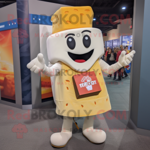 Cream Lasagna mascot costume character dressed with a Flare Jeans and Messenger bags