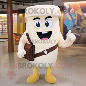 Cream Lasagna mascot costume character dressed with a Flare Jeans and Messenger bags