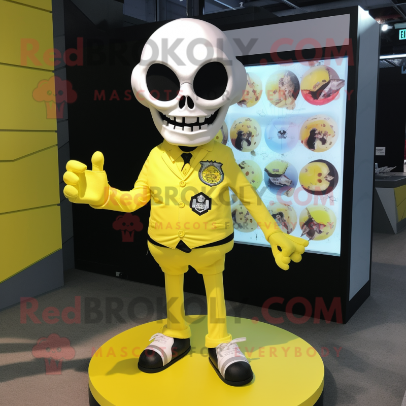 Lemon Yellow Skull mascot costume character dressed with a Cover-up and Cufflinks