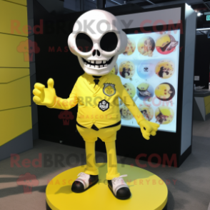 Lemon Yellow Skull mascot costume character dressed with a Cover-up and Cufflinks