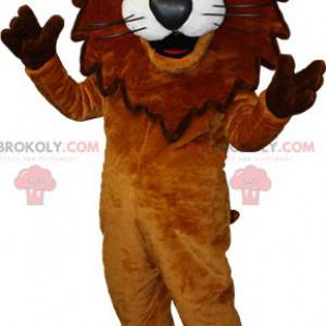 Hnědý a bílý lev maskot s korunou. lví král - Redbrokoly.com