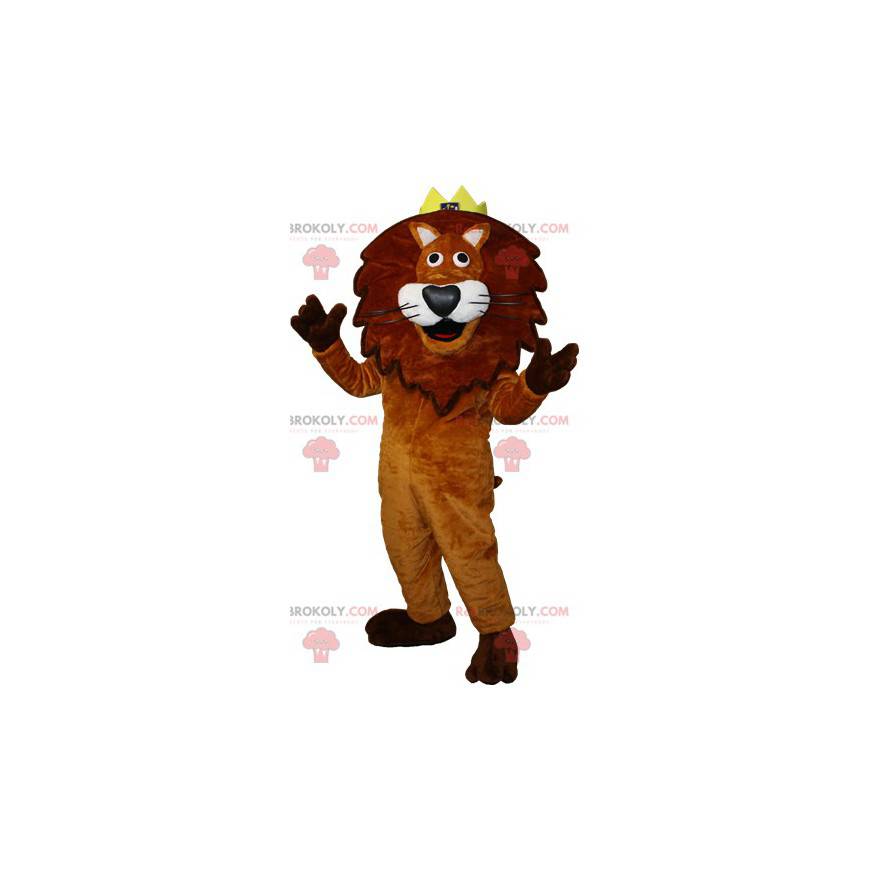 Bruine en witte leeuw mascotte met een kroon. Leeuwenkoning -
