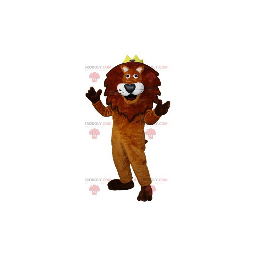 Mascota de león marrón y blanco con una corona. Rey León -