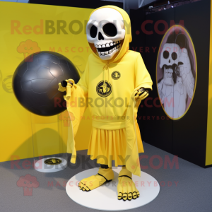 Lemon Yellow Skull mascot costume character dressed with a Cover-up and Cufflinks