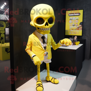 Lemon Yellow Skull mascot costume character dressed with a Cover-up and Cufflinks