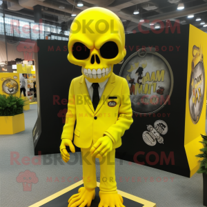 Lemon Yellow Skull mascot costume character dressed with a Cover-up and Cufflinks