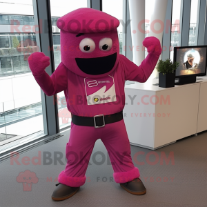 Magenta Para Commando mascot costume character dressed with a Flare Jeans and Rings