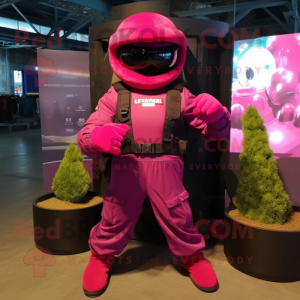 Magenta Para Commando mascot costume character dressed with a Flare Jeans and Rings