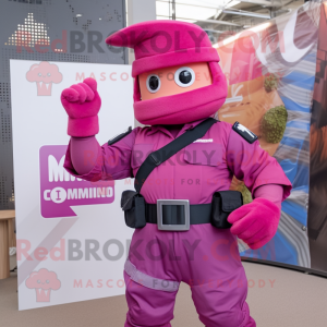 Magenta Para Commando mascot costume character dressed with a Flare Jeans and Rings