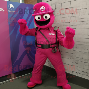 Magenta Para Commando mascot costume character dressed with a Flare Jeans and Rings