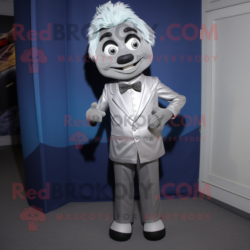 Silver But mascot costume character dressed with a Mini Dress and Tie pins Silver But mascot costume character dressed with a Mini Dress and Tie pins