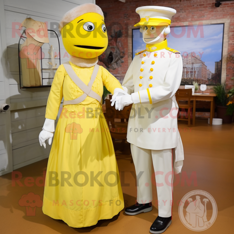 Lemon Yellow Civil War Soldier mascot costume character dressed with a Wedding Dress and Mittens