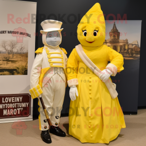 Lemon Yellow Civil War Soldier mascot costume character dressed with a Wedding Dress and Mittens