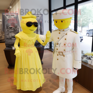 Lemon Yellow Civil War Soldier mascot costume character dressed with a Wedding Dress and Mittens