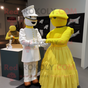 Lemon Yellow Civil War Soldier mascot costume character dressed with a Wedding Dress and Mittens