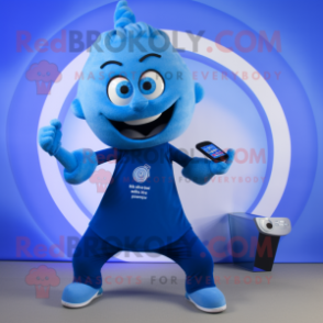 Blue Phone mascot costume character dressed with a Yoga Pants and Watches