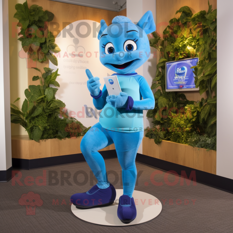 Blue Phone mascot costume character dressed with a Yoga Pants and Watches