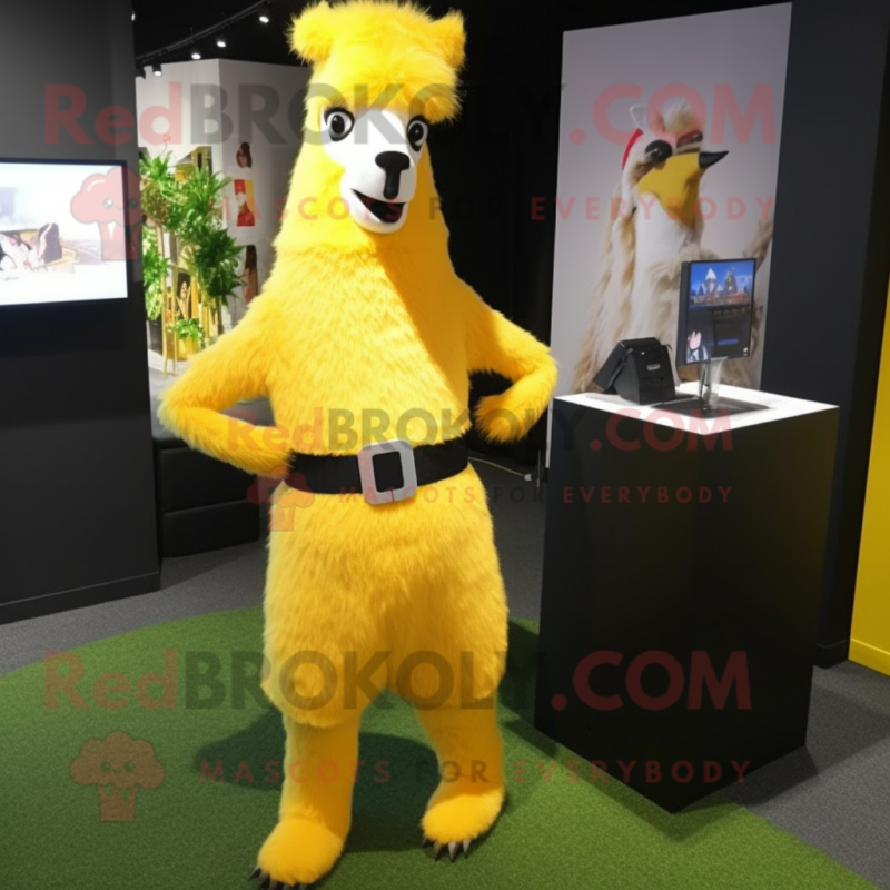 Yellow Llama mascot costume character dressed with a Suit and Shoe clips Yellow Llama mascot costume character dressed with a Suit and Shoe clips