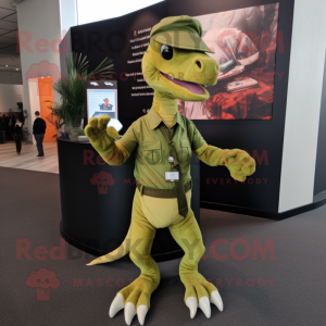 Olive Utahraptor mascot costume character dressed with a Trousers and Headbands