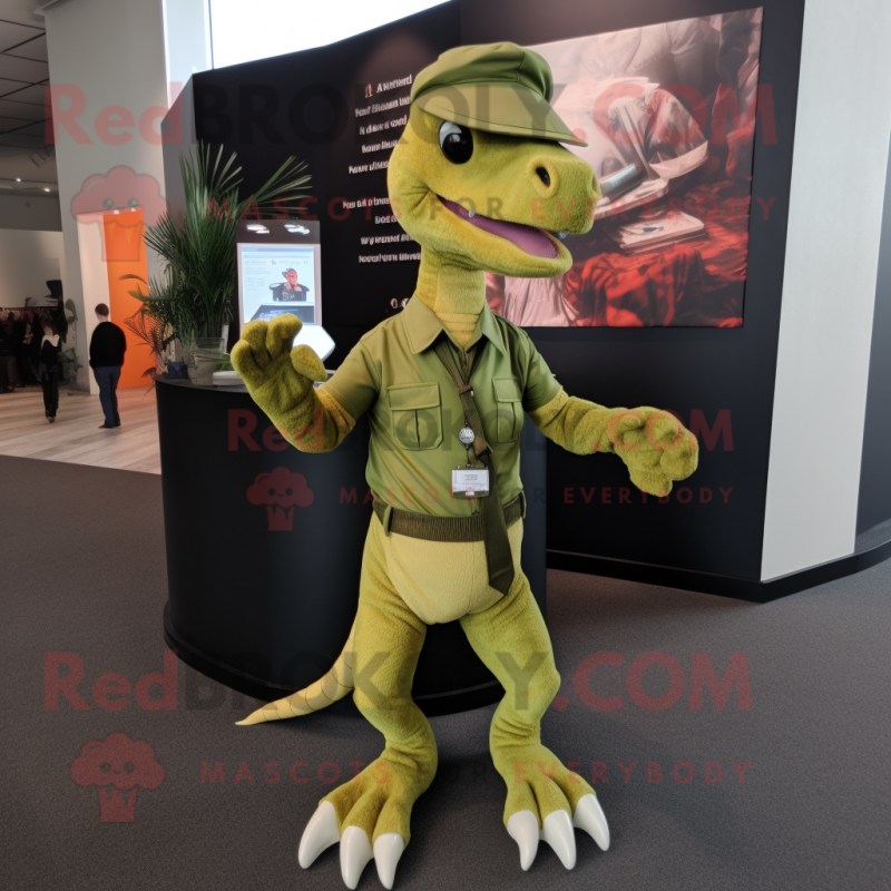 Olive Utahraptor mascot costume character dressed with a Trousers and Headbands Olive Utahraptor mascot costume character dressed with a Trousers and Headbands