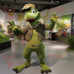 Olive Utahraptor mascot costume character dressed with a Trousers and Headbands