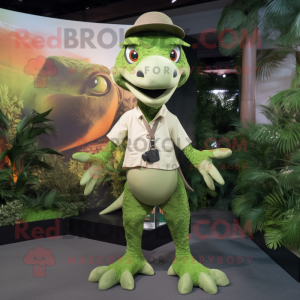 Olive Utahraptor mascot costume character dressed with a Trousers and Headbands