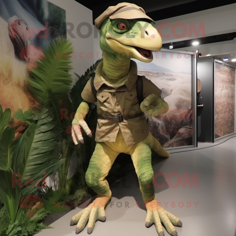 Olive Utahraptor mascot costume character dressed with a Trousers and Headbands