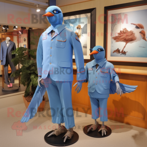 Sky Blue Passenger Pigeon mascot costume character dressed with a Jumpsuit and Hairpins