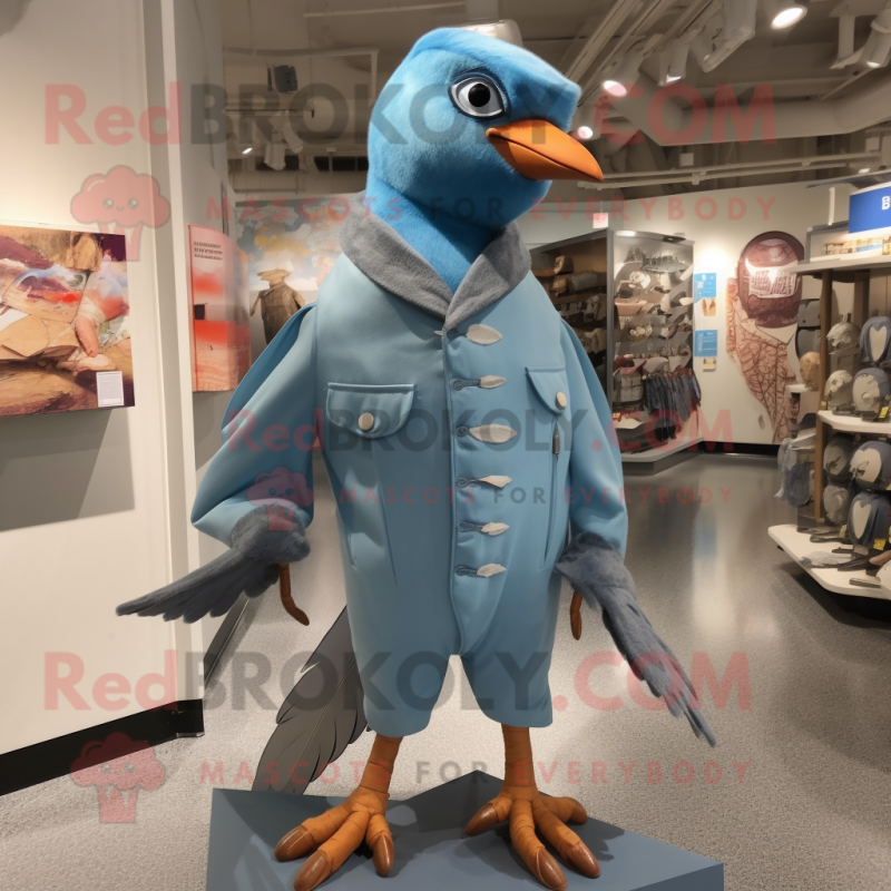 Sky Blue Passenger Pigeon mascot costume character dressed with a Jumpsuit and Hairpins