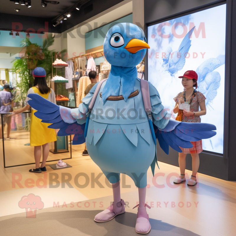 Sky Blue Passenger Pigeon mascot costume character dressed with a Jumpsuit and Hairpins