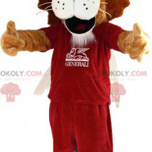 Hnědý a bílý lev maskot ve sportovním oblečení - Redbrokoly.com